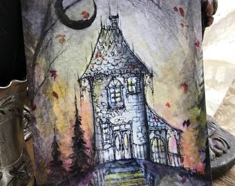 5x7 One Art Print from my Original Painting Victorian House Haunted Witchcraft Crescent Moon Witch Halloween Gothic Folk Terri Foss