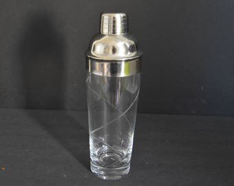 Large Etched Glass Cocktail Shaker -Vintage High-Quality Chrome & Clear Cocktail Mixer Drinkware Barware