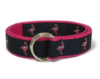 Girls Ribbon Belt / Pink Flamingo Belt / Navy D-Ring Belt / Preppy Belt for girls, babies and toddlers / Navy Blue Fabric Belt