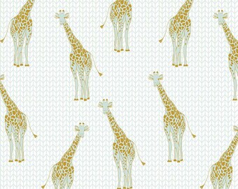 Safari Party Giraffe Mint with Gold Sparkle - mint, gold, and white giraffe print - Safari Party Fabric from Riley Blake - 100% cotton