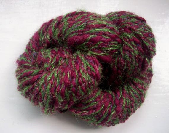 Handspun merino art yarn - burgundy red, green by SpinningStreak