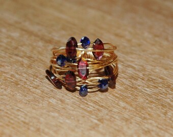 Gold Garnet Wire Wrap Ring / Gold Garnet Nest Ring / Gold Wire Wrapped Ring with Oval Cut Garnet Gemstones and Sapphire Blue Czech Crystals