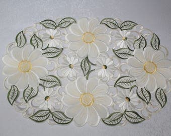Large Yellow Daisy Placemat or Doily Embroidered Cutwork on Antique White Material in Various sizes