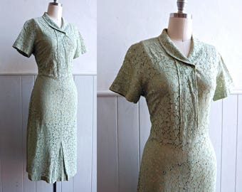 1930s / 1940s Pistachio Green Lace Dress