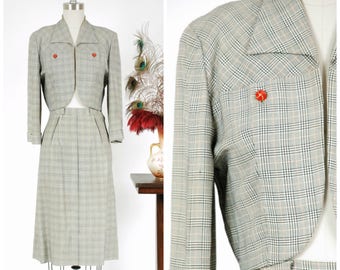 Vintage 1940s Suit - Fantastic Tailored Gabardine Suit with Subtle Pinstripes and Cropped, Bloused Jacket