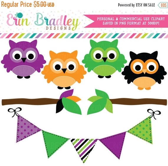 80% OFF SALE Halloween Owls Clipart, Clip Art Graphics with Bunting & Branches, Commercial Use Holiday Clip Art Il_570xn