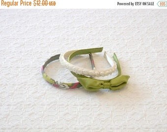 BACK TO SCHOOL Narrow Pink Green Ivory Damask Silk Bow Headbands Set of 3