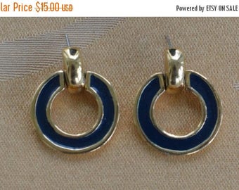 ON SALE Pretty Vintage Navy Blue Enamel Doorknocker Hoop Pierced Earrings (I6)