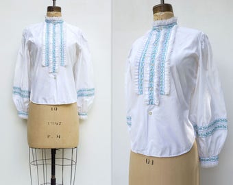 1960s Peasant Blouse High Collar Blouse Vintage Peasant Top White Lace Blouse Embroidered Blouse Bishop Sleeve Blouse Boho White Blouse m