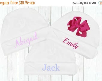 SALE Personalized Newborn White Cotton Knit Hat with or Without Bow, Embroidered Coming Home Hospital Hat
