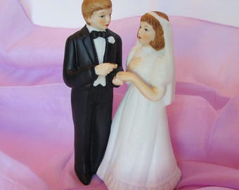 Wedding Cake Topper Bride Groom Ring on Finger Black Tux Blond Groom Bride Light Complexion Vintage Ceramic Bridal Shower Decor