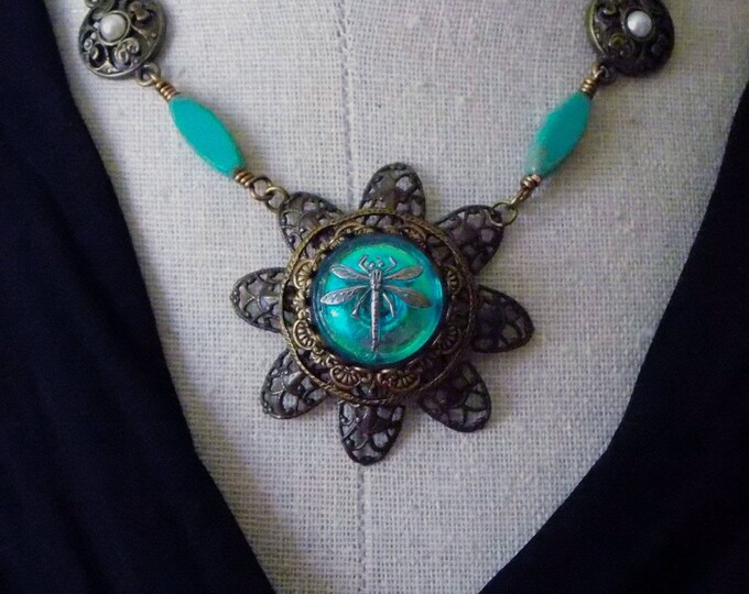 Victorian Filigree Dragonfly Necklace Art Nouveau Insect Jewelry