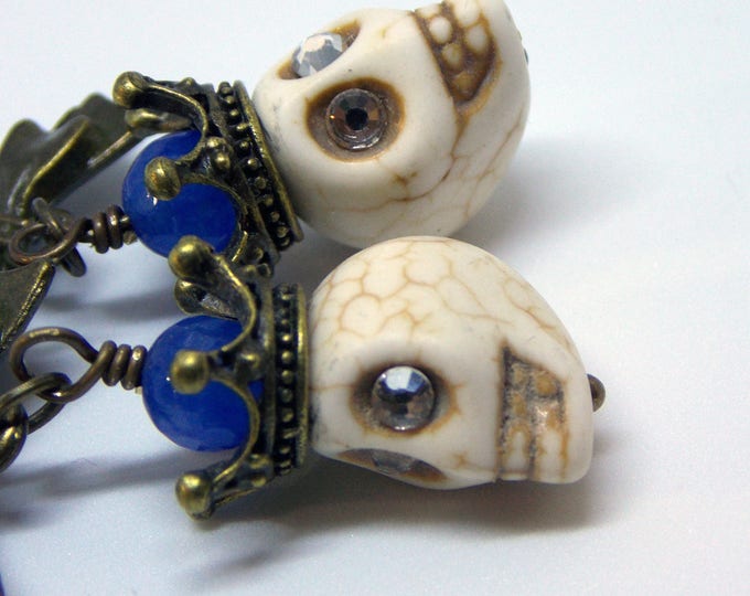 Skull Earrings Sugar Alabaster White Skulls Crown Rhinestone Lapis Lazuli Gemstone Dangle Victorian Earrings Day of the Dead Earrings