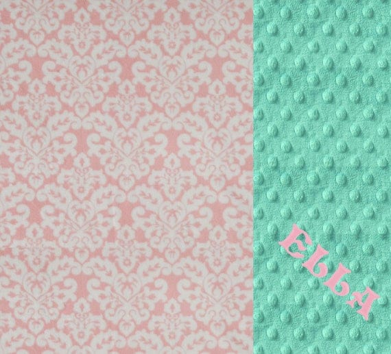 Baby Girl Minky Baby Blanket, Personalized Baby Blanket, Mint Pink Damask Blanket, Name Baby Blanket, Baby Shower Gift, Kids Minky Blanket