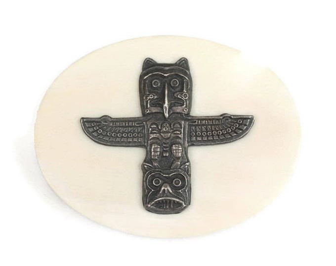 Totem Pole Faux Scrimshaw Pin Northwest Pacific Coast Native American Alaska Theme