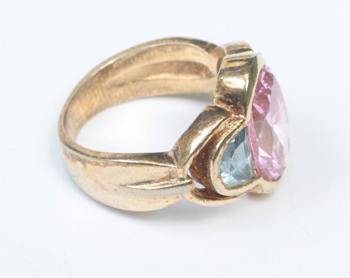 Pink and Blue Stones Sterling Ring Gold Plated Oval Half Circle Stones Vintage