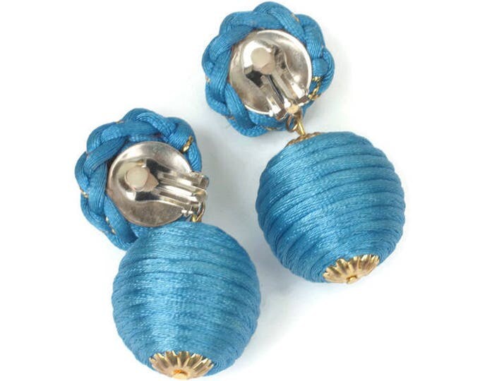 Blue Ball Dangle Earrings Cord Wrapped Handmade Large Statement Clip On Vintage