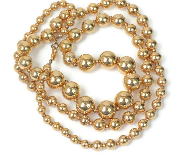 Gold Ball Bead Necklace 36 Inch Long Chunky Bold Beads Rope Lariat Length Vintage