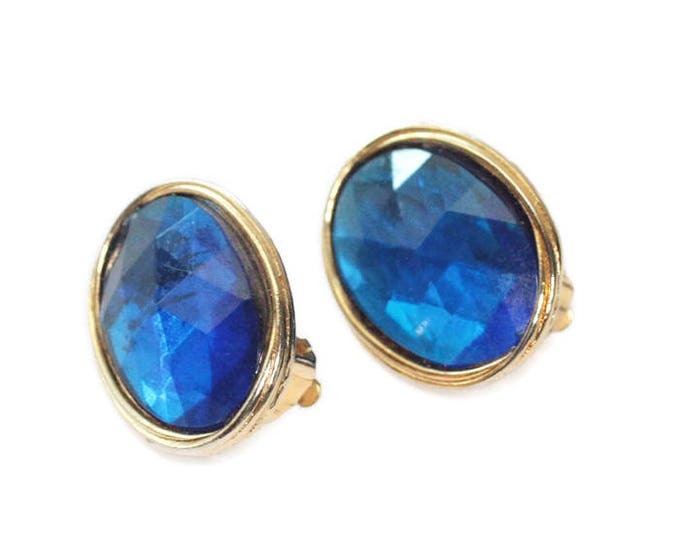 Blue Oval Clip On Earrings Gold Tone Large Chunky Bold Vintage