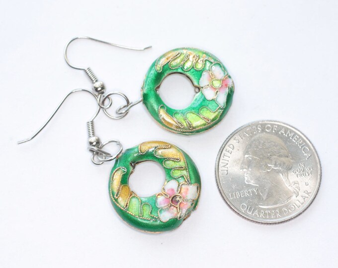 Cloisonne Dangle Earrings Floral Pink and Green Open Circle Shape