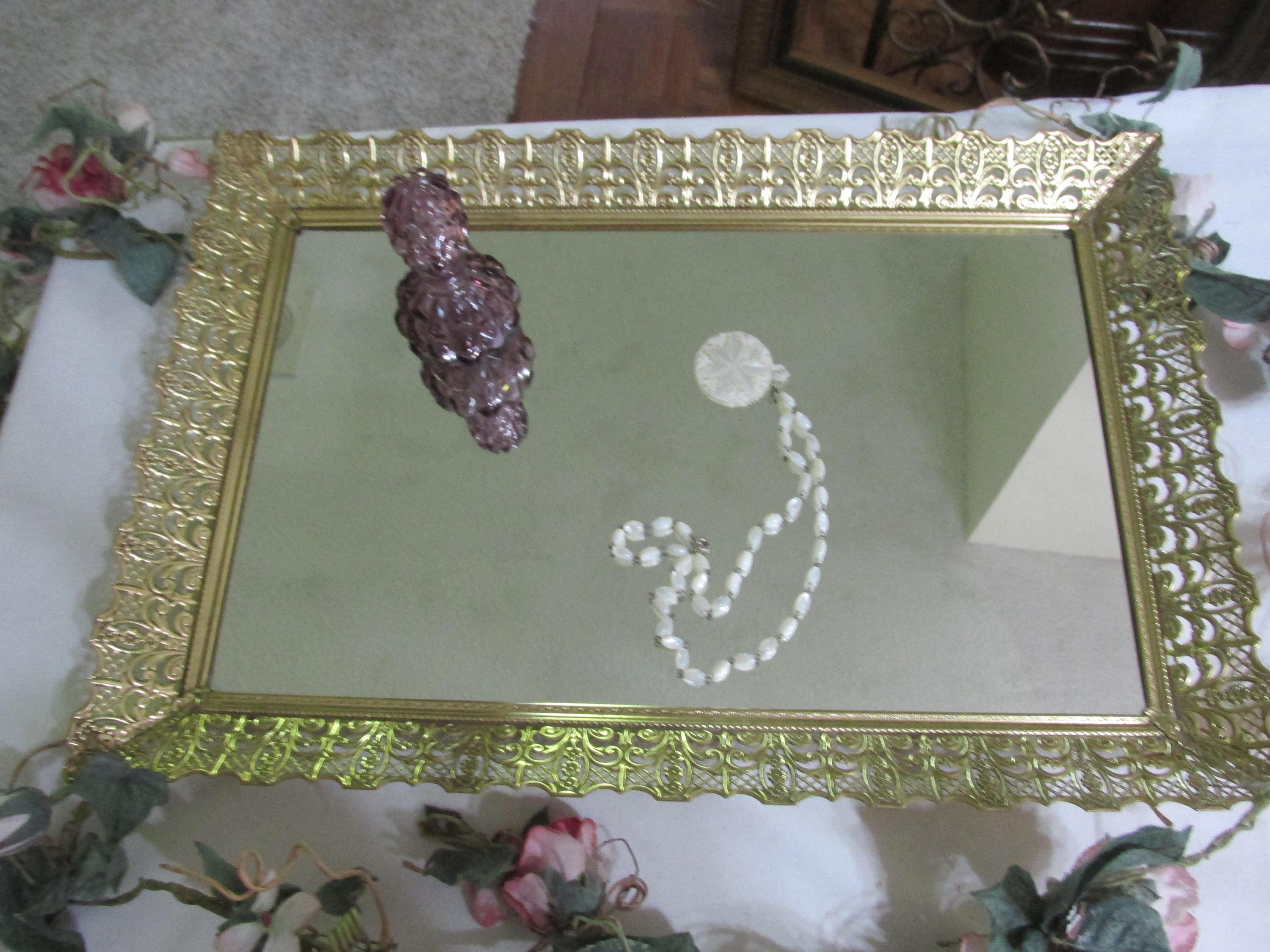 Vanity Mirror Perfume Dresser Tray with Gold Floral Filigree