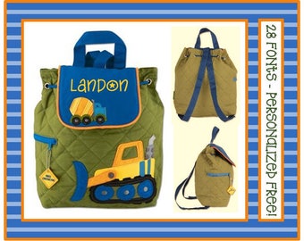 28 Fonts- Toddler CONSTRUCTION TRUCKS Small Personalized Quilted Backpack- Preschool/ Day Care/ Diaper Bag, Blue/ Green