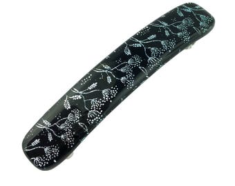 Hair Barrette French Clip, Black & Silver Dandelion Dichroic Glass