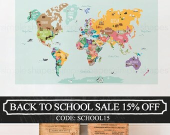 World Map Decal, Countries of the World Map, Kids Country World Map Poster, Peel and Stick Poster Sticker, World Map W1126