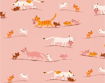 Tiger Lily Marching Cats Pink Fabric 1/2 yard by Heather Ross for Windham