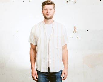 Minimalist Collarless Shirt .Striped Work Shirt Band Collar Button Down Shirt Hippie Minimalist 80s Shirt White . size Medium M
