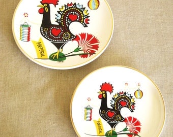 Vintage Souvenir Portugal Plates, Rooster, Folk Art, Pair, Set, Wall Decor, Wall Plate, European, Decorative Plate, Collectibles, Birds