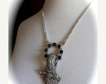 Clearance Sale Repurposed Rhinestone Pendant Necklace, Repurposed Brooch and Dress Clip, OOAK Art Deco Style, Rhinestone Chain, Clear and Sa