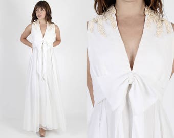 Chiffon Dress White Dress White Wedding Dress Bridesmaids Dress Long Dress Lace Dress Vintage 70s Bohemian Sheer Crochet Maxi Dress M