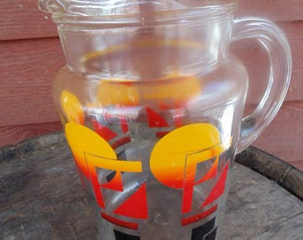 GLASS PITCHER. w/ ice lip. Atomic Kitchen. Geometric Kitchen. 1950s. 1960s. colorful pitcher. bold. Atomic. Geometric Decor. Serving.