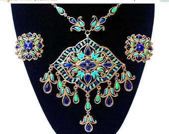 20% OFF SALE - VENDOME Ornate Enamel Bib Necklace and Clip-On Earring Demi / Set