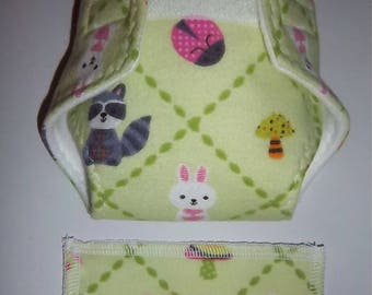 Baby Doll Diaper/wipe - forest animals/insects on apple green diamonds - adjustable for many dolls such as bitty baby