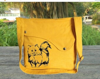 On Sale 20% off Golden cotton canvas messenger bag, shoulder bag, screenprinted shoulder bag, travel bag