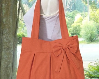 On Sale 20% off orange cotton fabric purse with bow / canvas tote bag / shoulder bag / hand bag / diaper bag - zipper closure