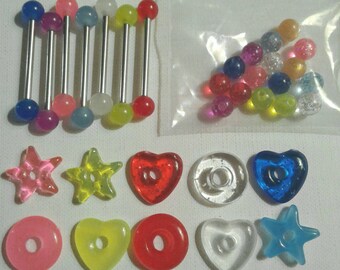 Seven Glow Tongue Rings 14g plus extra glitter balls and donut lifesavers Body Piercing Jewelry SET