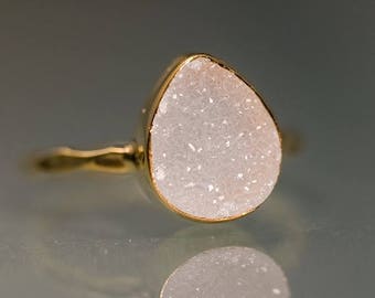 40 OFF - Rough White Druzy Ring Gold - April Birthstone Ring - Gemstone Ring - Stacking Ring - Gold Ring - Tear Drop Ring - Stack Ring
