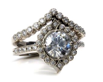 Grey Moissanite and Diamond Art Deco Engagement Ring Set - 14k Gold Fine Jewelry