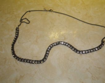 vintage necklace black silvertone chain rhinestones