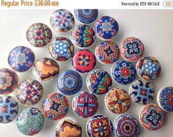 SUMMER SALE 6 wooden drawer knobs; Talavera design hand decorated (decoupaged)1 1/2 inches (6)1 1/2 inches diameter includes inside coupler