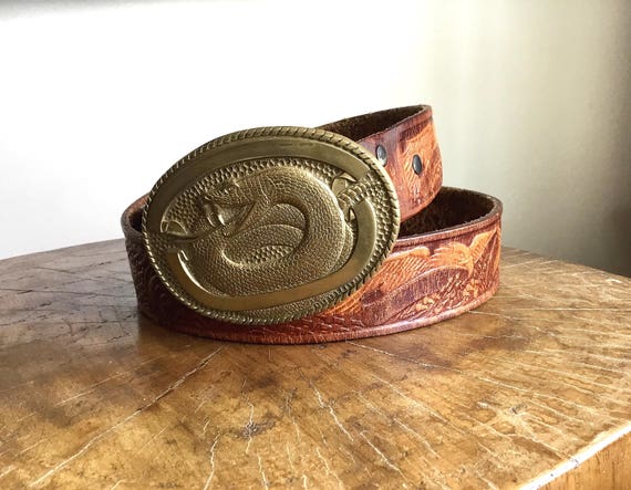 Vintage Brass Rattlesnake Belt Buckle and Eagle Leather Belt