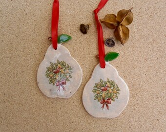 Pear ceramic hanging ornament - Pottery gift tag - Pear with Partridge in pear tree decal (Listing for ONE only)