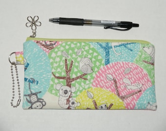 Padded Zipper Pouch / Pencil Case / Cosmetic Bag Made with Japanese Cotton Linen Fabric "Pastel Forest Animals"