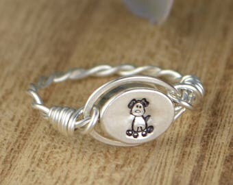 REVERSIBLE Any Monogram and Dog Ring-Sterling Silver, Yellow or Rose Gold Filled Wire Wrapped/Silver Bead-Size 4 5 6 7 8 9 10 11 12 13 14