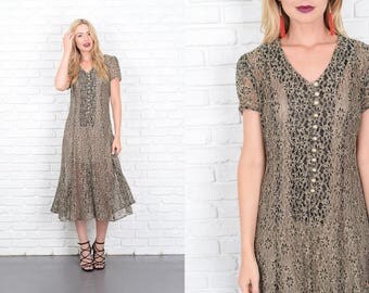 Vintage 80s 90s Black Floral Lace Dress Grunge Sheer Beige Flower Small S 10146