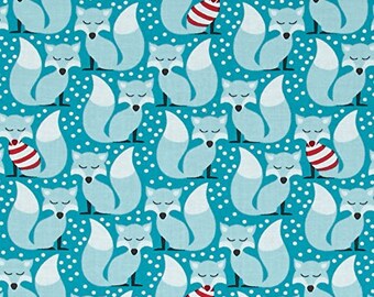 END OF BOLT - 25.5 "x44" - Sweater Weather Foxes on Blue (Ribbon) from Michael Miller's Festive Forest by Tamara Kate
