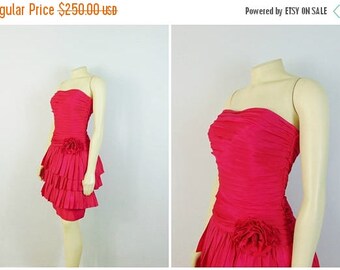 SALE Vintage Dress 80s Prom Dress Tadashi Strapless Pink Pleated Ruffle 3 Tier Skirt Size 4 Modern XS - W 1980s Prom Dress